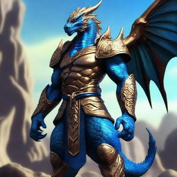 An image of a majestic bronze blue Dragonborn standing tall