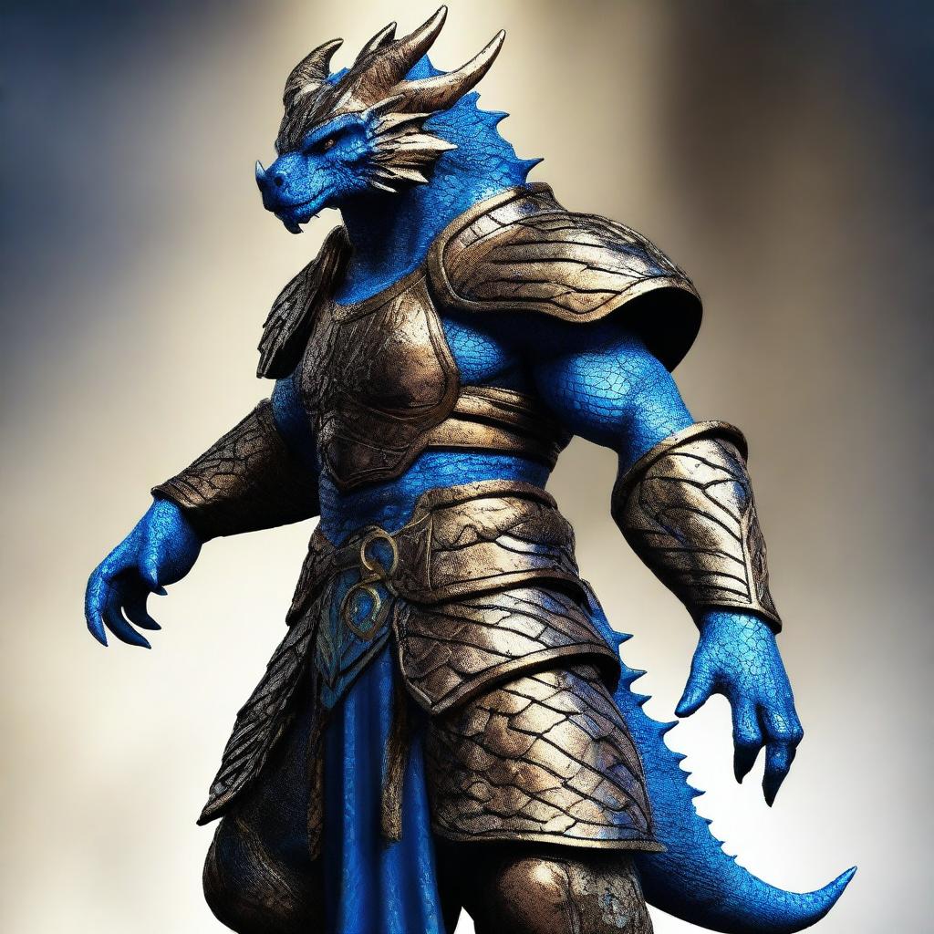 This is a high-resolution digital art image of a Bronze Dragonborn with distinctive blue streaks in his scales