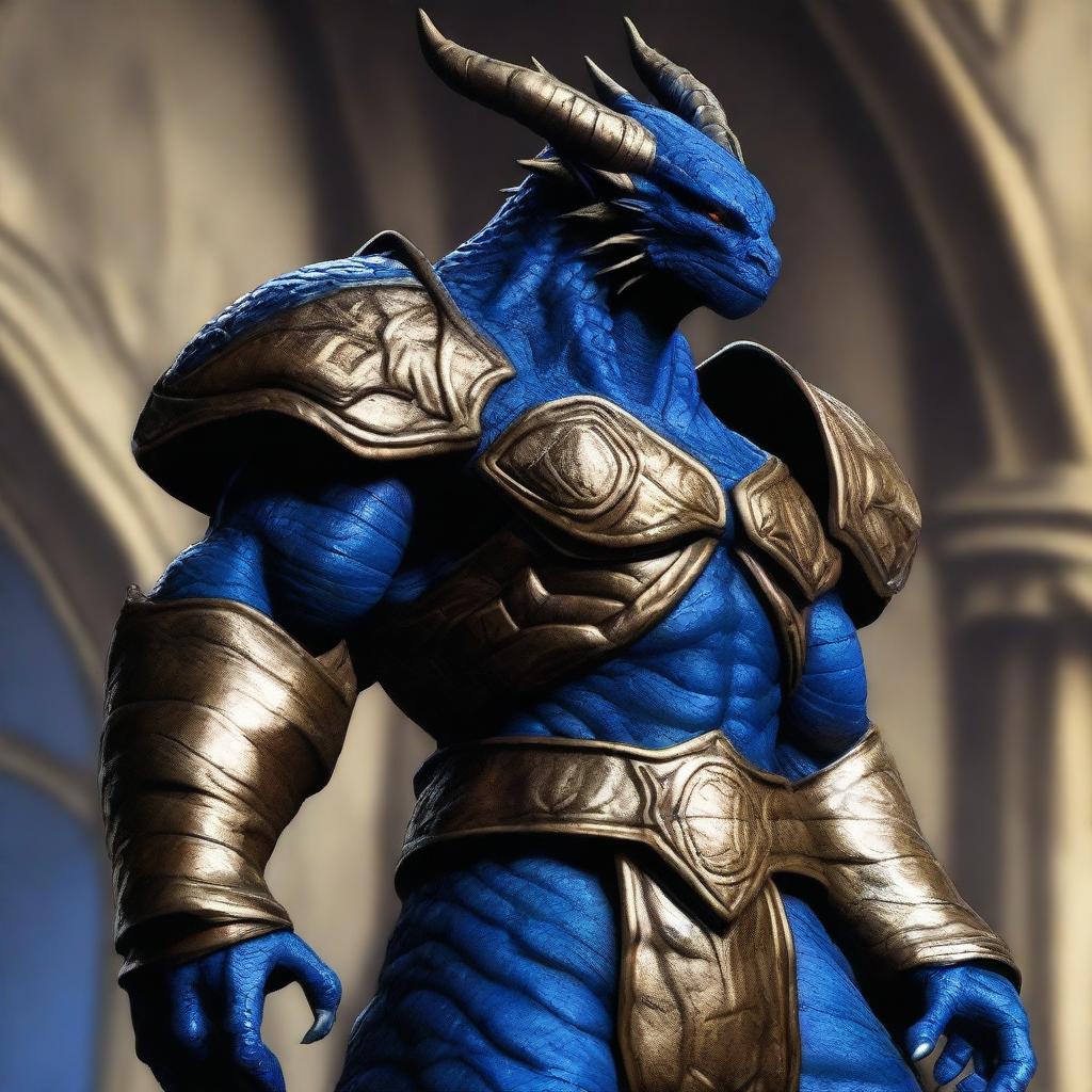 This is a high-resolution digital art image of a Bronze Dragonborn with distinctive blue streaks in his scales