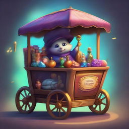 This image captures a magical vendor kart, rendered in high-quality digital art