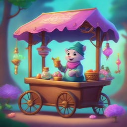 This image captures a magical vendor kart, rendered in high-quality digital art