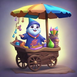 This image captures a magical vendor kart, rendered in high-quality digital art