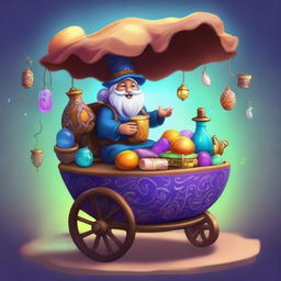 This image captures a magical vendor kart, rendered in high-quality digital art