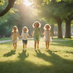 A vibrant scene of joyful children playing in the warm, golden morning light in a lush green park