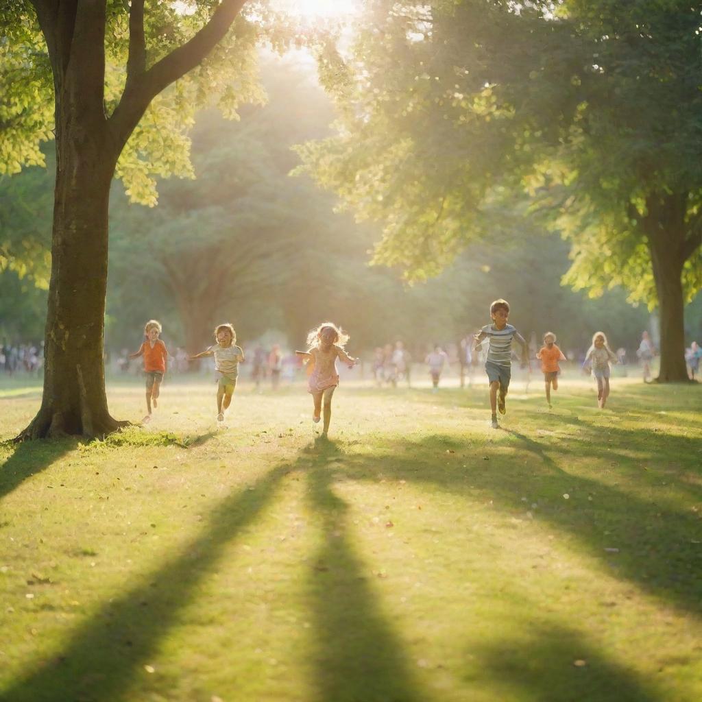 A vibrant scene of joyful children playing in the warm, golden morning light in a lush green park