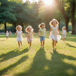 A vibrant scene of joyful children playing in the warm, golden morning light in a lush green park