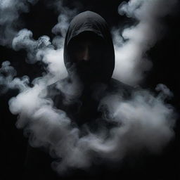 A mysterious person shrouded in swirling smoke against a stark black background, radiating an air of intrigue and suspense