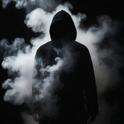 A mysterious person shrouded in swirling smoke against a stark black background, radiating an air of intrigue and suspense