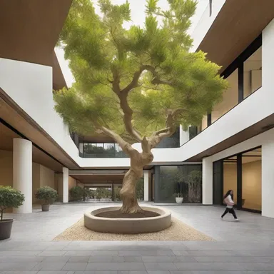The architects incorporated a large golden fig tree into the center courtyard of the building, creating a stunning natural element that enhances the overall design.