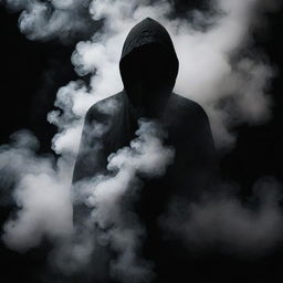 A mysterious person shrouded in swirling smoke against a stark black background, radiating an air of intrigue and suspense