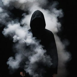 A mysterious person shrouded in swirling smoke against a stark black background, radiating an air of intrigue and suspense