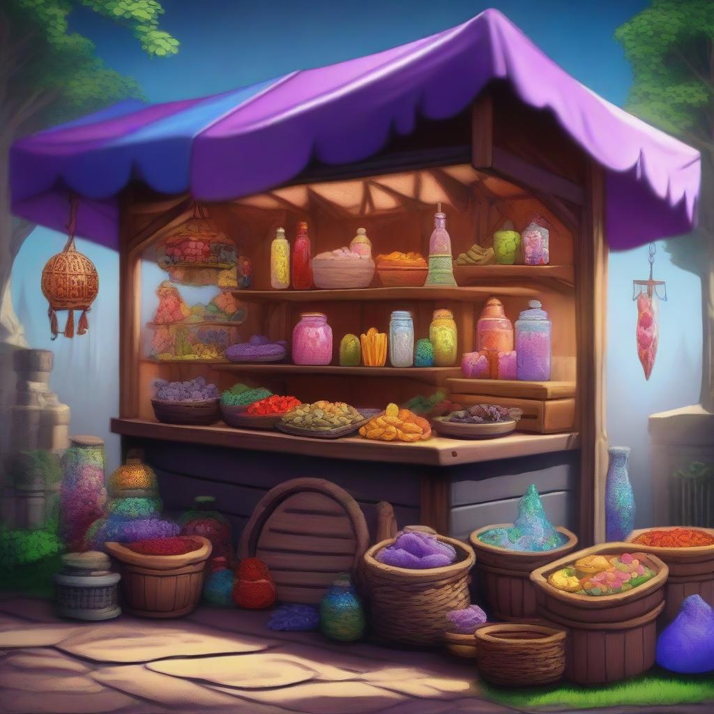 This is a high-quality digital art image of a magic market stall from the world of Dungeons and Dragons