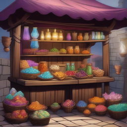 This is a high-quality digital art image of a magic market stall from the world of Dungeons and Dragons