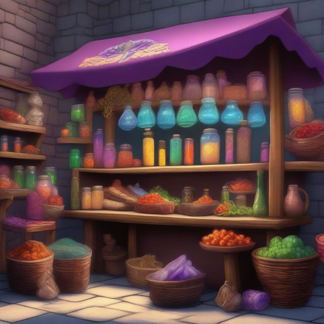 This is a high-quality digital art image of a magic market stall from the world of Dungeons and Dragons