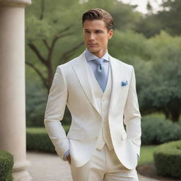 An elegantly dressed male figure in a serene environment, symbolizing an ideal future spouse. The gentleman is charismatic, smart, and exhibits a strong yet gentle aura.