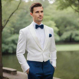 An elegantly dressed male figure in a serene environment, symbolizing an ideal future spouse. The gentleman is charismatic, smart, and exhibits a strong yet gentle aura.