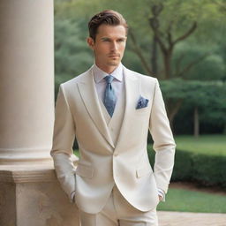 An elegantly dressed male figure in a serene environment, symbolizing an ideal future spouse. The gentleman is charismatic, smart, and exhibits a strong yet gentle aura.