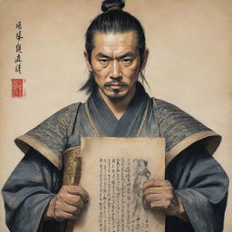 A highly detailed drawing of a proud Japanese samurai holding an intricate letter scroll.