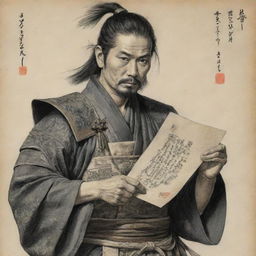 A highly detailed drawing of a proud Japanese samurai holding an intricate letter scroll.