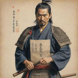 A highly detailed drawing of a proud Japanese samurai holding an intricate letter scroll.