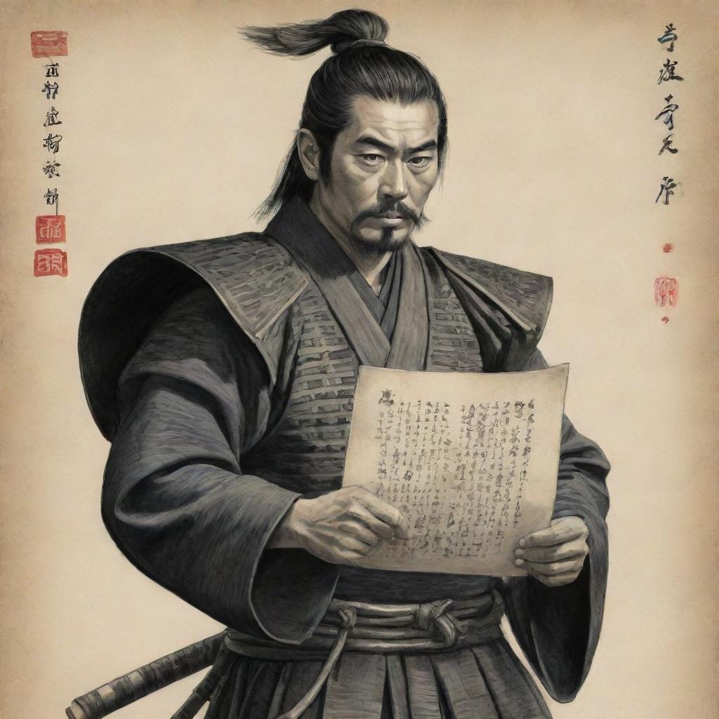 A highly detailed drawing of a proud Japanese samurai holding an intricate letter scroll.