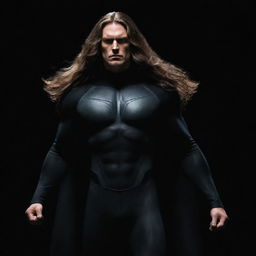 A commanding figure - a man with long, flowing hair, standing ominously in a black super power suit that exudes energy, set against a stark, black background