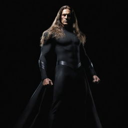 A commanding figure - a man with long, flowing hair, standing ominously in a black super power suit that exudes energy, set against a stark, black background