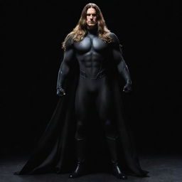 A commanding figure - a man with long, flowing hair, standing ominously in a black super power suit that exudes energy, set against a stark, black background