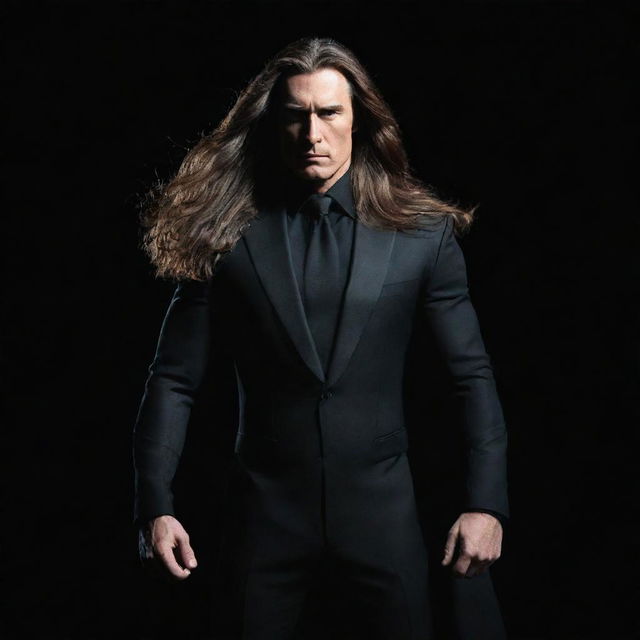 A commanding figure - a man with long, flowing hair, standing ominously in a black super power suit that exudes energy, set against a stark, black background