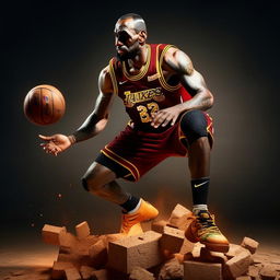 LeBron James intensely dribbling a textured brick instead of a traditional basketball