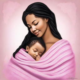 A high-quality digital art image of a beautiful human woman with braided black hair lovingly holding a baby wrapped in a pink blanket