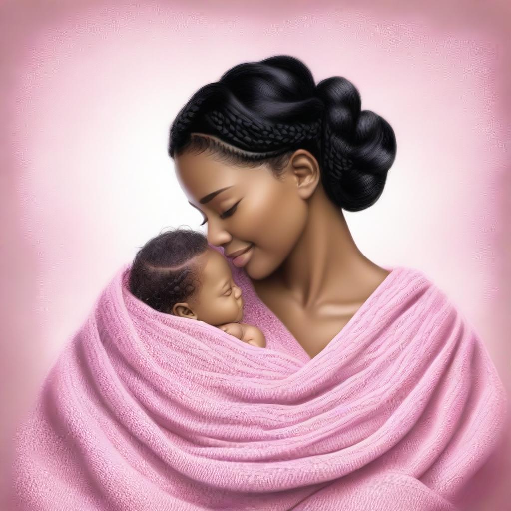 A high-quality digital art image of a beautiful human woman with braided black hair lovingly holding a baby wrapped in a pink blanket