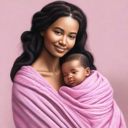 A high-quality digital art image of a beautiful human woman with braided black hair lovingly holding a baby wrapped in a pink blanket