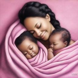 A high-quality digital art image of a beautiful human woman with braided black hair lovingly holding a baby wrapped in a pink blanket