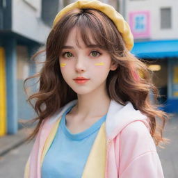 Anime girl exhibiting a cute aesthetic. She has medium-length, wavy brown hair, captivating pink eyes and is adorned in a stylish outfit with a color scheme of yellow and blue.