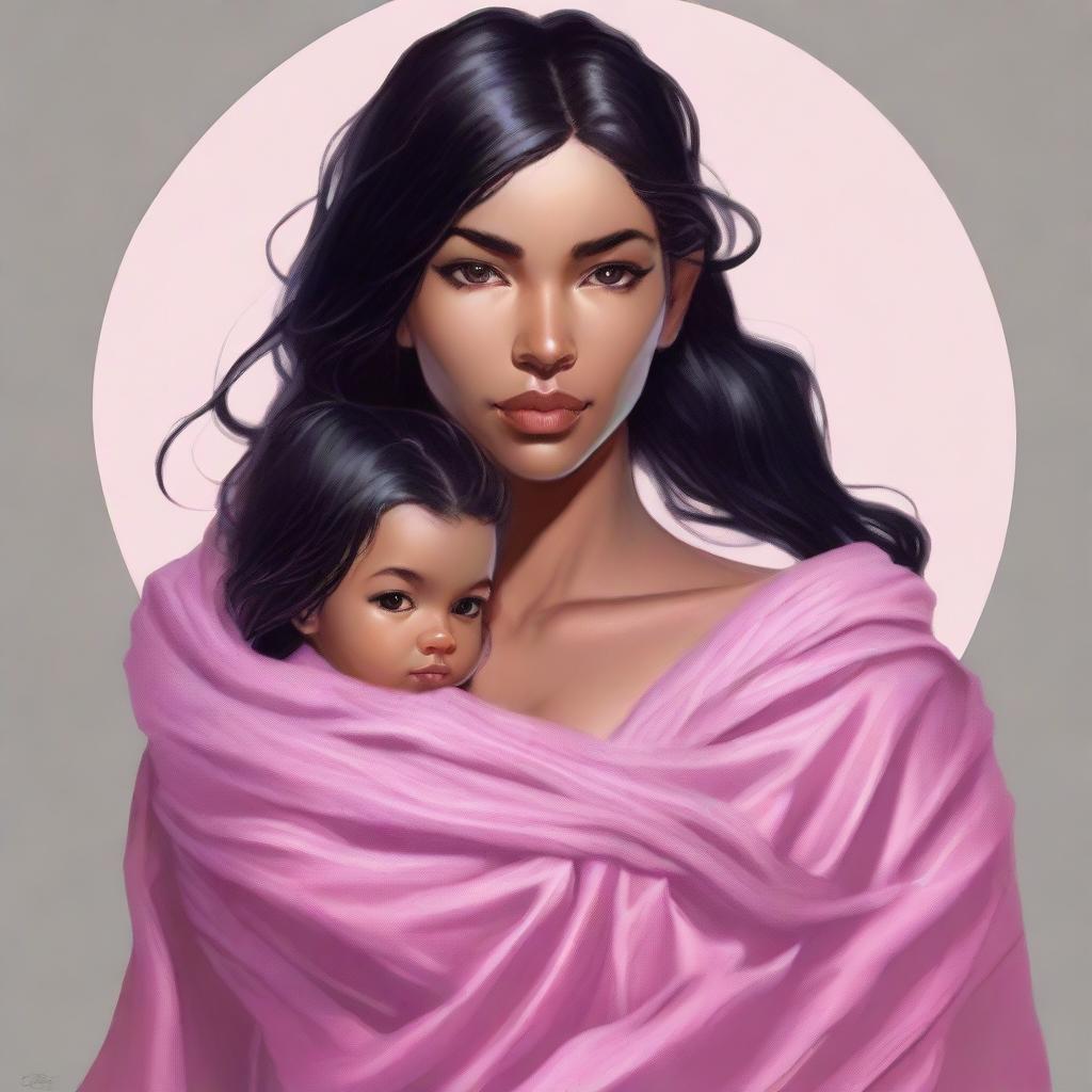 This is a high-quality digital art image of a beautiful human woman from the world of Dungeons and Dragons, with braided black hair, holding a baby wrapped in a pink blanket