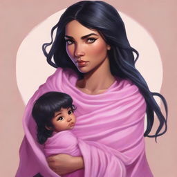 This is a high-quality digital art image of a beautiful human woman from the world of Dungeons and Dragons, with braided black hair, holding a baby wrapped in a pink blanket