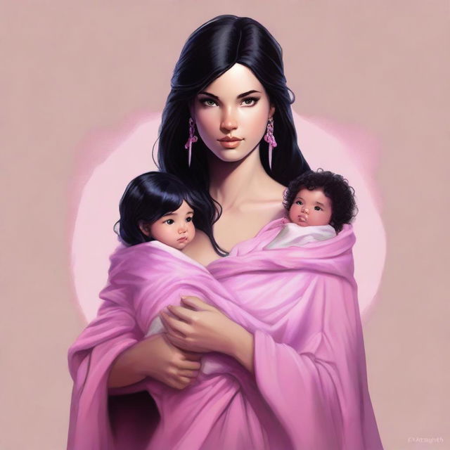 This is a high-quality digital art image of a beautiful human woman from the world of Dungeons and Dragons, with braided black hair, holding a baby wrapped in a pink blanket