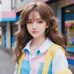 Anime girl exhibiting a cute aesthetic. She has medium-length, wavy brown hair, captivating pink eyes and is adorned in a stylish outfit with a color scheme of yellow and blue.