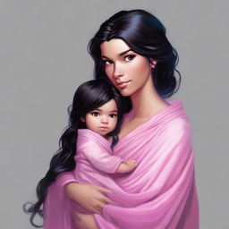 This is a high-quality digital art image of a beautiful human woman from the world of Dungeons and Dragons, with braided black hair, holding a baby wrapped in a pink blanket