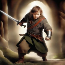 This digital art image showcases a courageous hobbit fighter