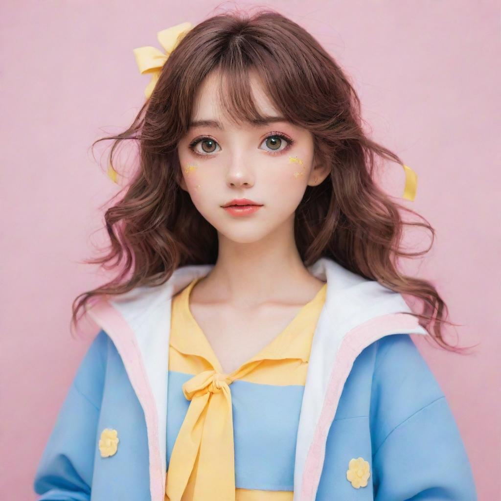 Anime girl exhibiting a cute aesthetic. She has medium-length, wavy brown hair, captivating pink eyes and is adorned in a stylish outfit with a color scheme of yellow and blue.