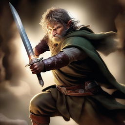 This digital art image showcases a courageous hobbit fighter