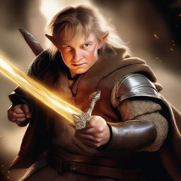 This digital art image showcases a courageous hobbit fighter