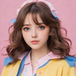 Anime girl exhibiting a cute aesthetic. She has medium-length, wavy brown hair, captivating pink eyes and is adorned in a stylish outfit with a color scheme of yellow and blue.