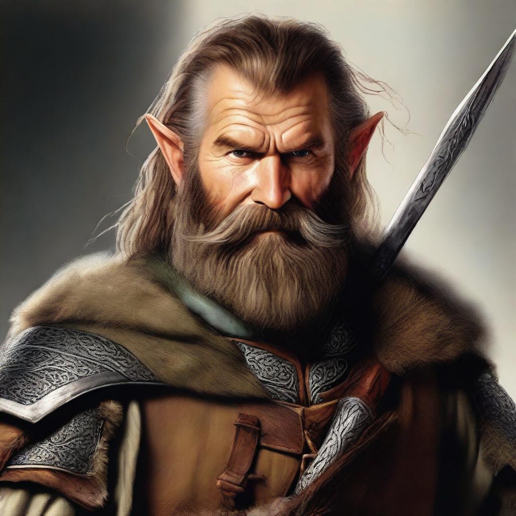 This is a high-quality digital art image depicting a bearded male hobbit