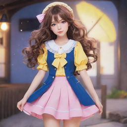 Anime styled girl radiating a cute ambiance. She has medium-length, wavy brown hair, bewitching pink eyes, and she's dressed in a charming outfit with a yellow and blue theme.