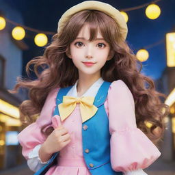 Anime styled girl radiating a cute ambiance. She has medium-length, wavy brown hair, bewitching pink eyes, and she's dressed in a charming outfit with a yellow and blue theme.