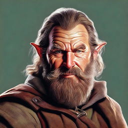 This is a high-quality digital art image of a bearded male hobbit