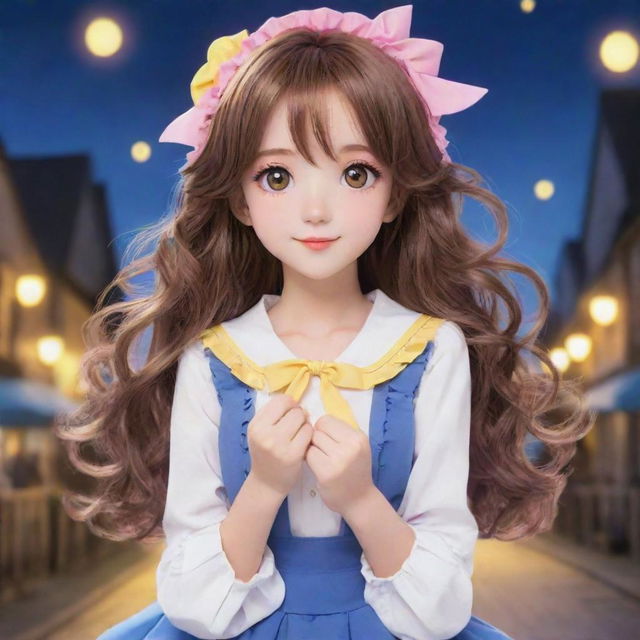 Anime styled girl radiating a cute ambiance. She has medium-length, wavy brown hair, bewitching pink eyes, and she's dressed in a charming outfit with a yellow and blue theme.